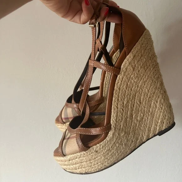 Burberry Brown Leather Novacheck Cross Strap Espadrille Wedge Sandals - Picture 2 of 8